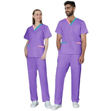 Men Women Nurses V-neck Short-sleeved Work Clothes Set Matching Color Collar Shirt For Summer