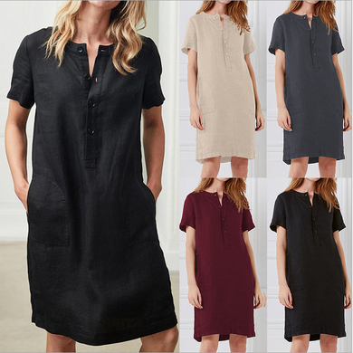 Women Summer Cotton And Linen Loose Short Sleeves Mid-length Dress Button Dress