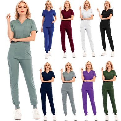 New Women Solid Color Jogging Pants And V-neck Short Sleeve Nurse Uniform Set For Summer