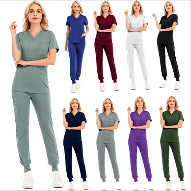 Women Nurse Uniform Set V-neck Short-sleeved Solid Colors Shirt And Jogging Pants Set