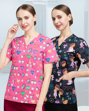Women Men Cotton V-neck Printing Short-sleeve Shirt Nurse Work Uniform For Summer Top