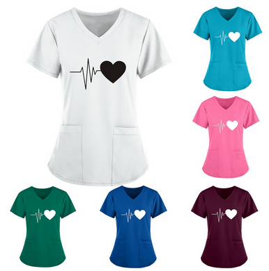 Women Summer Nurse Uniform With Heart Printing V-neck Short-sleeved Shirt Solid Color