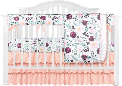 4PCS Crib Bedding Set Baby Minky Blanket Nursery Bed Skirt Set Set for Baby Girls & Boys (Pink Wine Floral, 4pc Set)