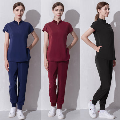 Women Summer Standing Collar Stretch Short Sleeve Nurse Suit Solid Color Comfortable Set