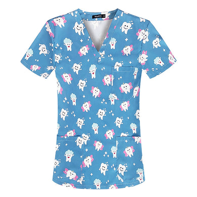 Women Stretch V-neck Nurse Uniform Cartoon Dental Printing Shirt Doctor Short Seeve Shirt