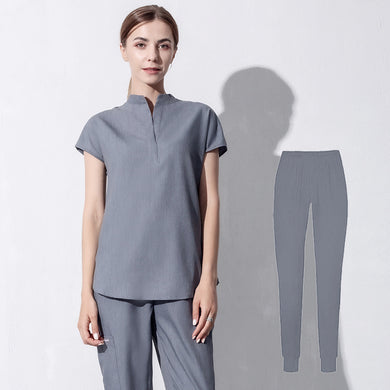 Summer Women Short Sleeves Shirt Solid Color Stretch Nurse Shirt Pants Set Doctor Work Suit