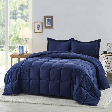 Pre Washed Down Alternative Comforter Set Twin - Reversible Shabby Chic Quilt Design - Box Stitched with 4 Corner Tabs - Lightweight for All Season - Navy Blue Duvet Comforter with 2 Pillow Shams