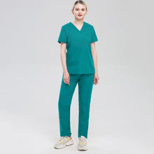 Load image into Gallery viewer, Women Short Sleeves V-neck Shirt Solid Color Stretch Nurse Shirt Pants Set Doctor Work Suit Unisex