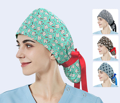 Women Cotton Surgical Caps Cute Cartoon Printing Nurse Caps Long Hair With Strap Caps