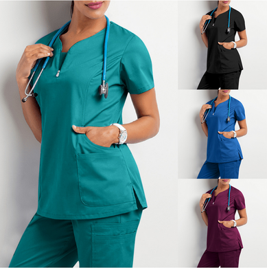 Women Nurse Uniform V-neck Zipper Collar Short-sleeved Solid Colors Shirt Double Pockets