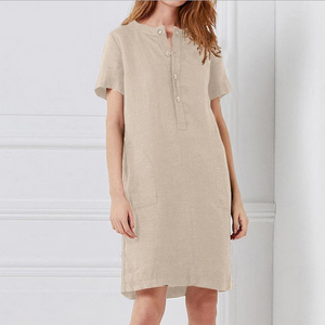 Women Summer Cotton And Linen Loose Short Sleeves Mid-length Dress Button Dress