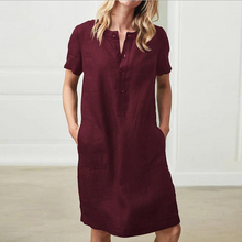 Load image into Gallery viewer, Women Summer Cotton And Linen Loose Short Sleeves Mid-length Dress Button Dress